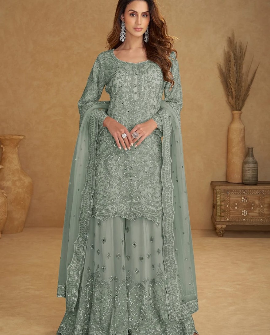 8113-A - Net Mint Green Embroidered Wedding Palazzo Suit
